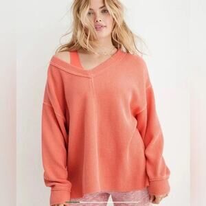 Aerie Orange V-Neck Long Sleeve Pullover Ribbed Knit Sweater women's Size XS
